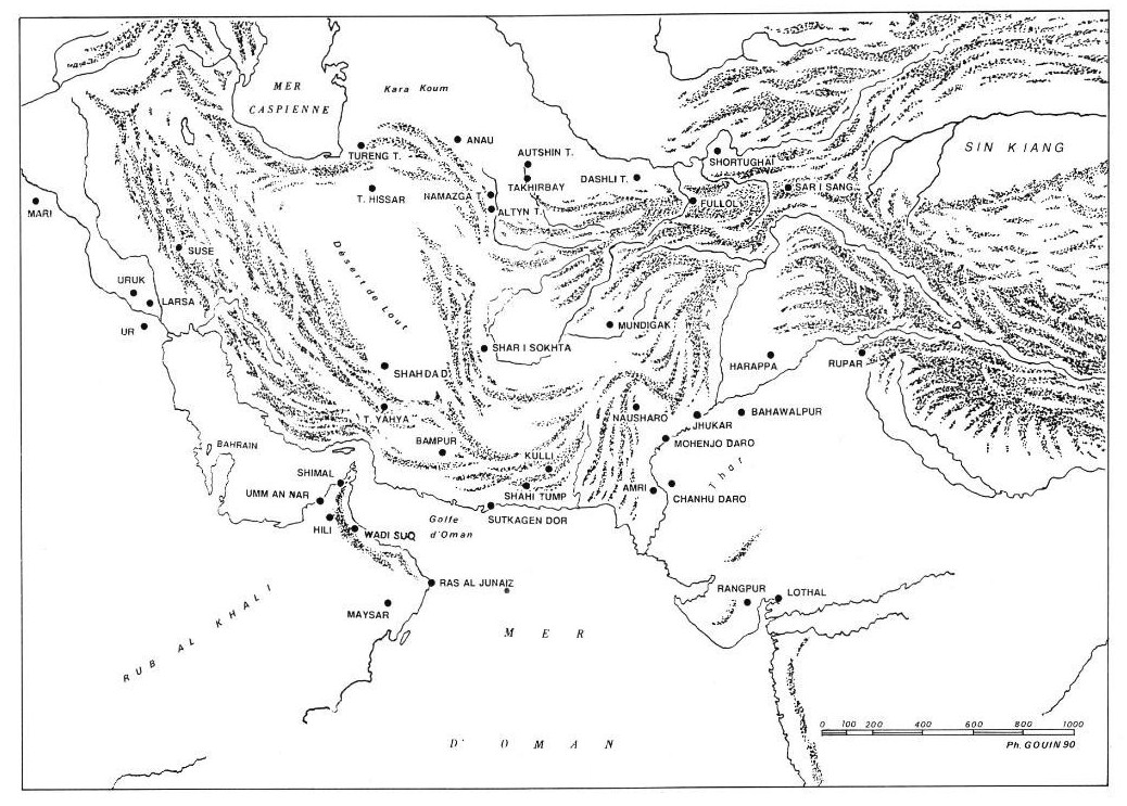 Carte des sites archéologiques de la Vallée de l'Indus, © Ph. Gouin, 1990.
Image extraite de : Gouin Ph., Râpes, jarres et faisselles : la production et l'exportation des produits laitiers dans l'Indus du 3ème millénaire, Paléorient 1990, fig. 1. Carte des sites archéologiques de la vallée de l'Indus, © Ph. Gouin. Image extraite de Gouin Ph., Râpes, jarres et faisselles : la production et l'exportation des produits laitiers dans l'Indus du 3ème millénaire, Paléorient 1990, fig. 1.
